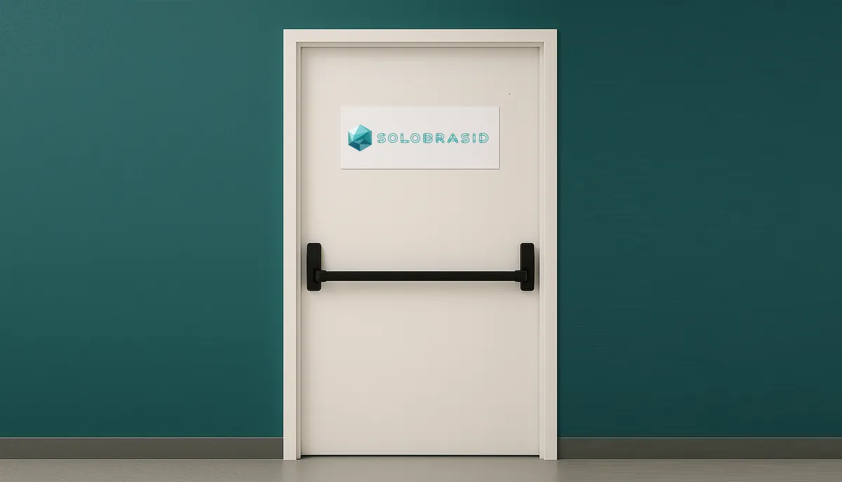 Porta branca com barra antipânico preta e identificação SOLOBRASID em parede verde.