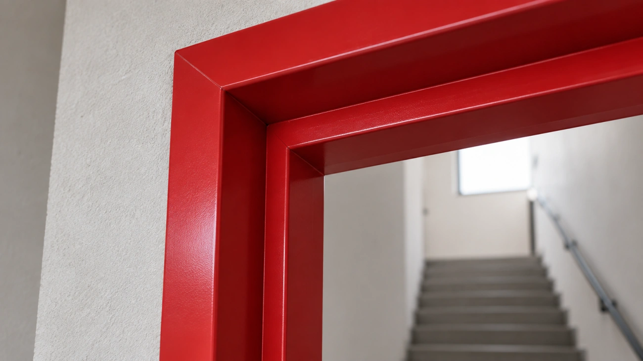 Detalhe do canto superior de um batente vermelho.