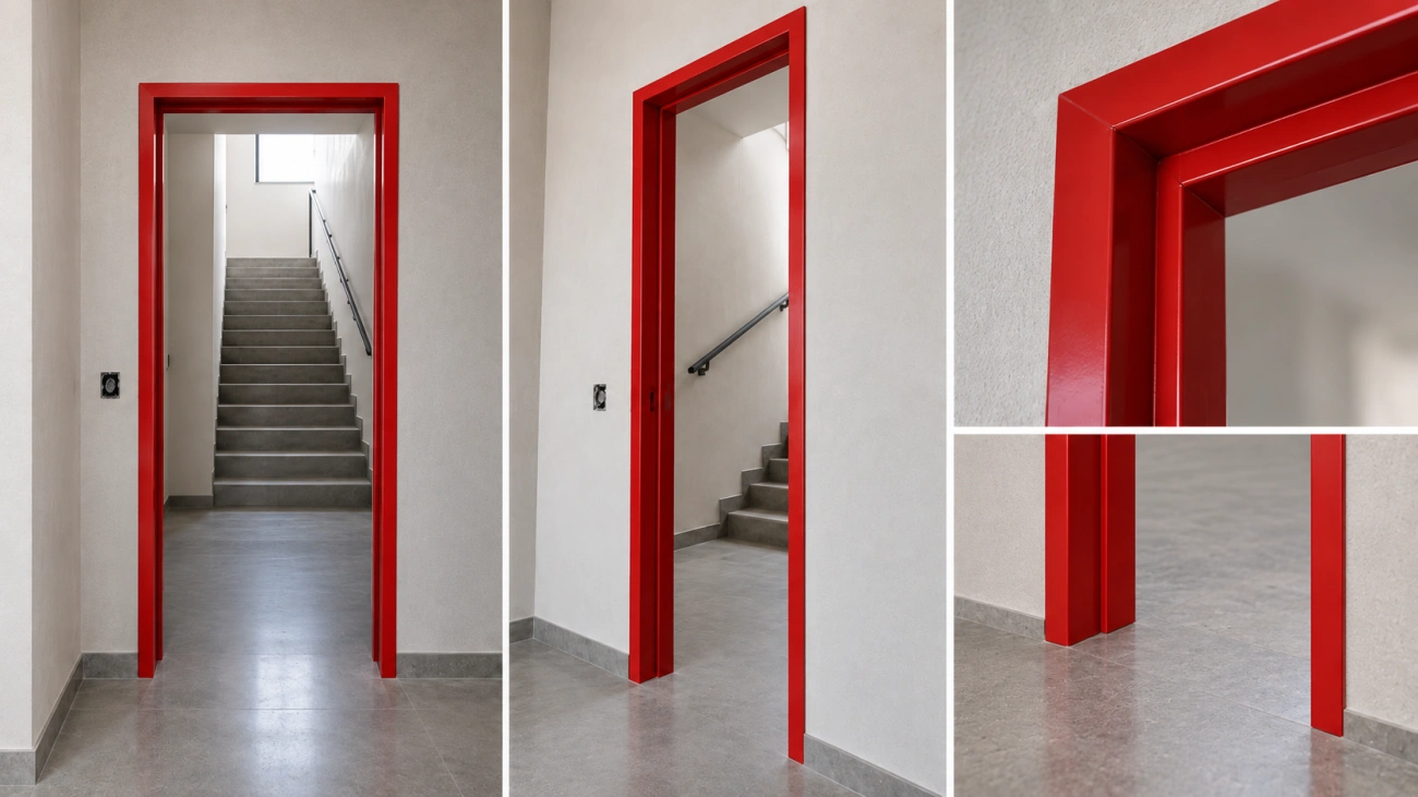 Montagem com diferentes vistas e detalhes de um batente vermelho.