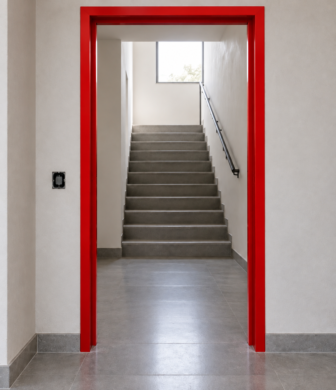 Batente vermelho em vão com escada ao fundo.