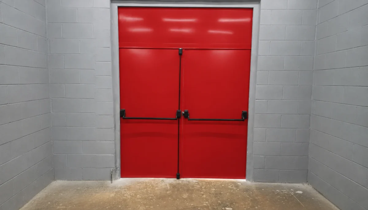 Porta de duas folhas com acabamento vermelho, painel superior e barras antipânico.
