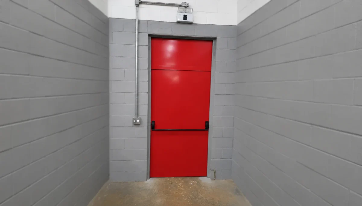 Porta vermelha de uma folha com painel superior e barra antipânico.